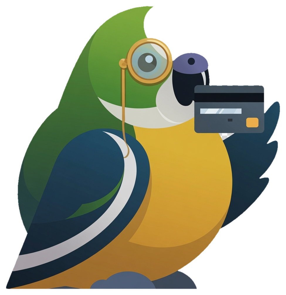 Pudgy the Budgie wearing a monocle and holding a payment card