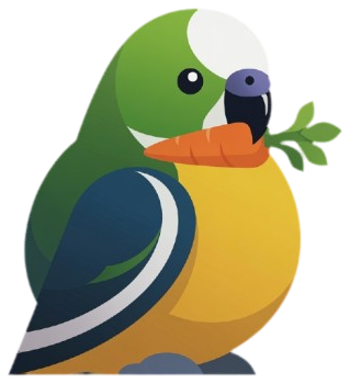 Pudgy the Budgie, Budgetto's mascot, holding a carrot