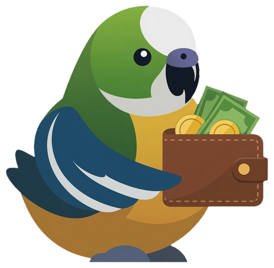 Pudgy the Budgie holding a wallet full of notes and coins