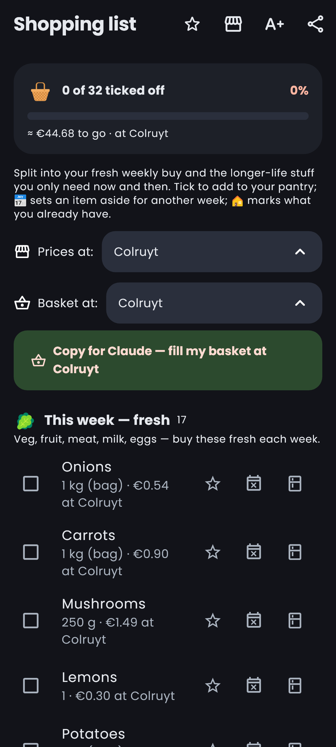 Budgetto's shopping list screen: items ticked off with a running total for the chosen store