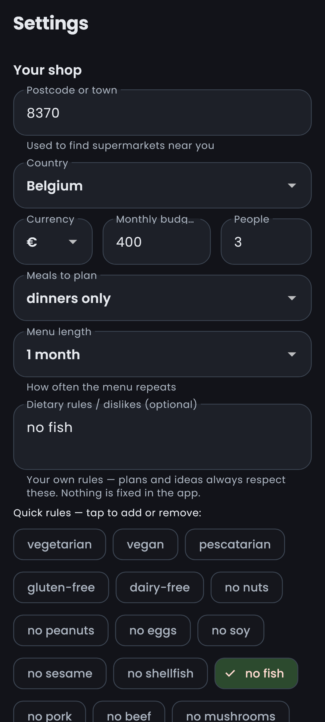 Budgetto's settings screen: Belgium, a €400 monthly budget, 3 people, dinners only, and a 'no fish' rule
